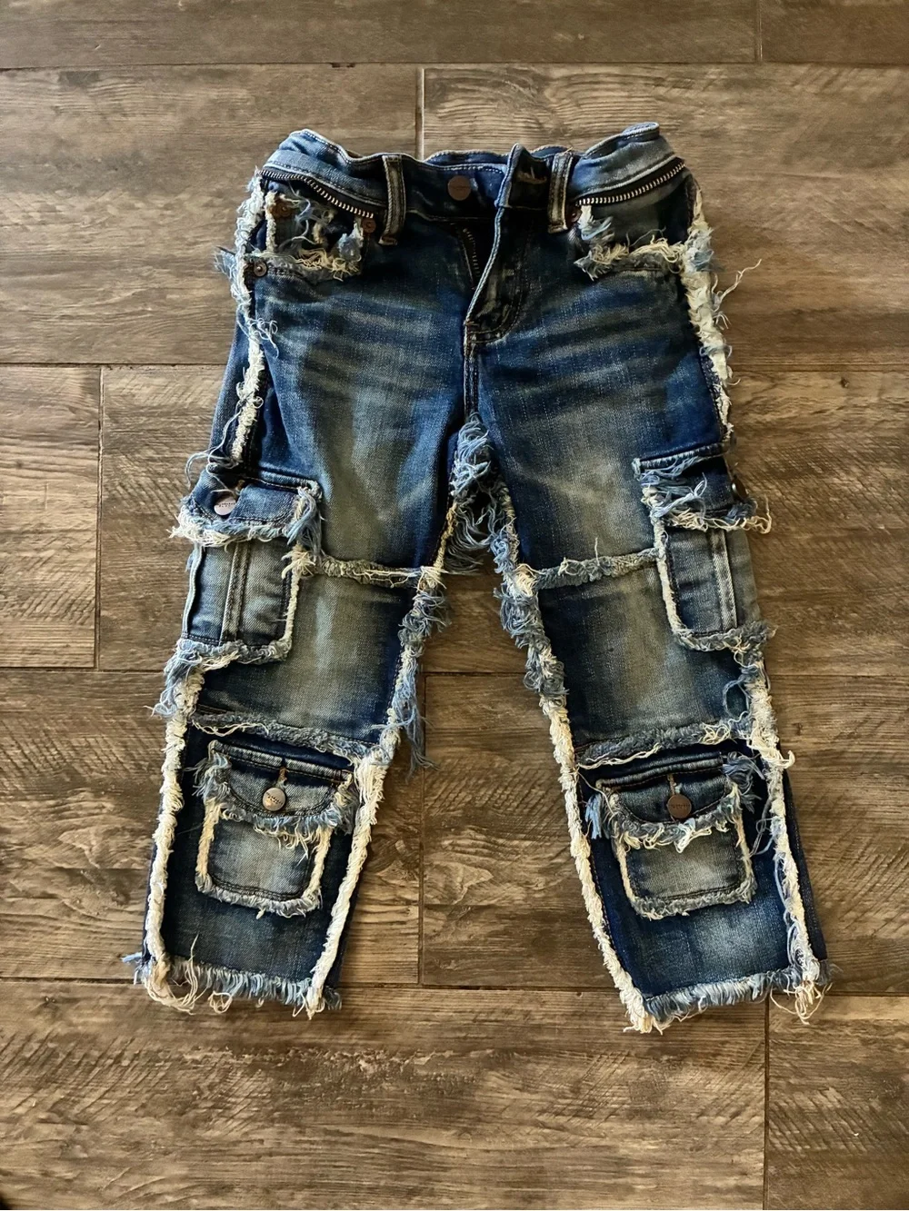 Distressed Dark Blue Denim Cargo Shorts with Frayed Trim